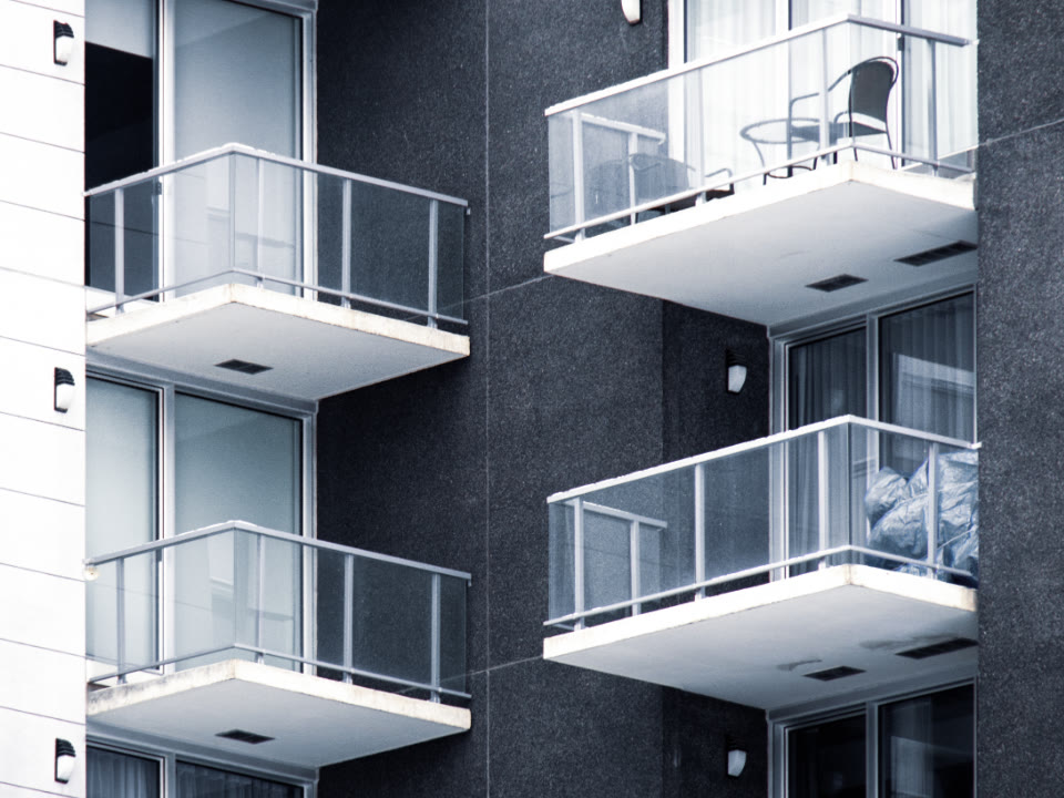 Glass balustrades on apartment balconies
