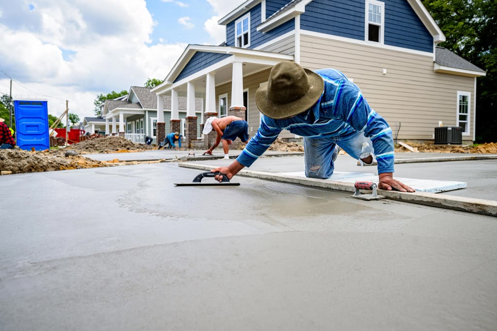 Concreter trowel-finishing a new concrete driveway slab