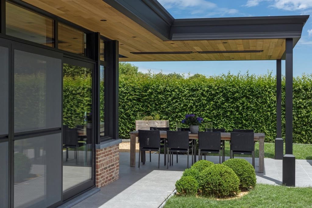 Modern pergola over an outdoor dining area